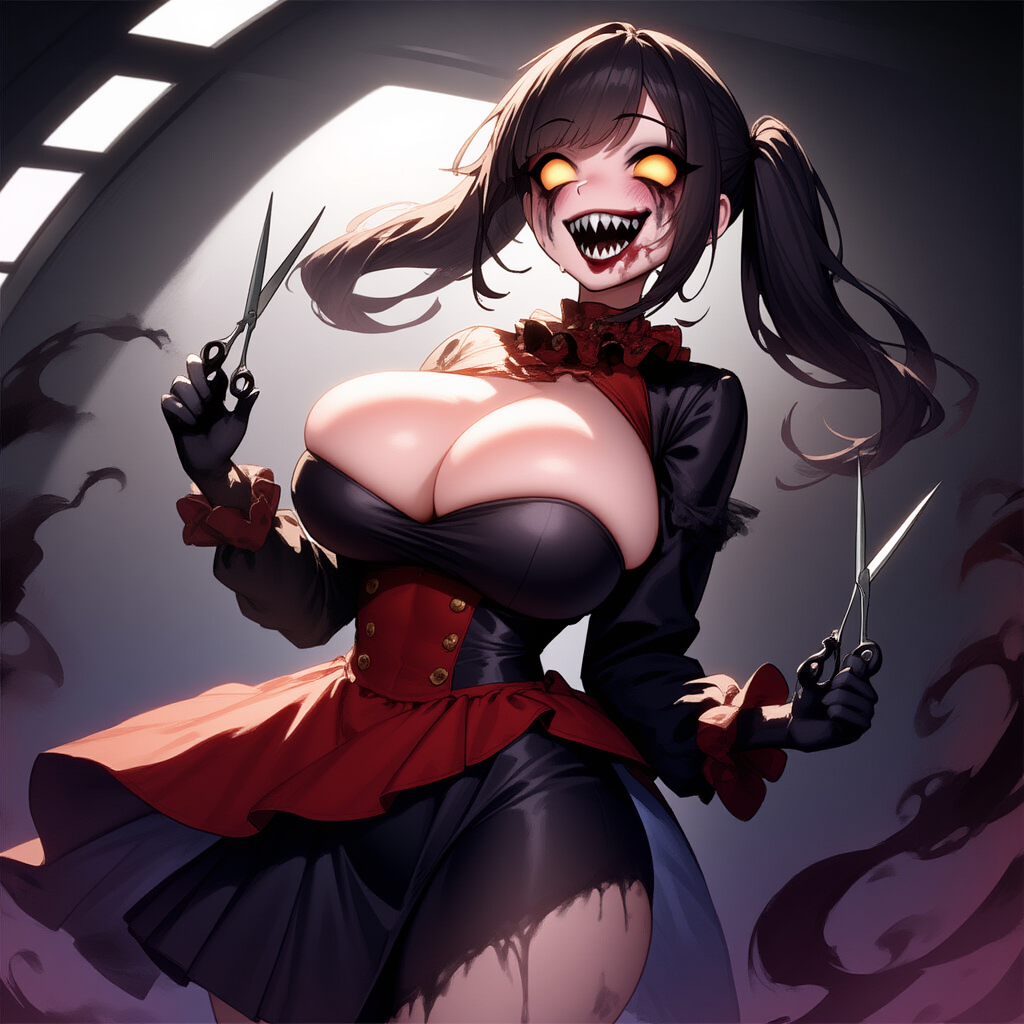 Clarine in her Hollow form-shark-toothed, porcelain-skinned, clad in black and red