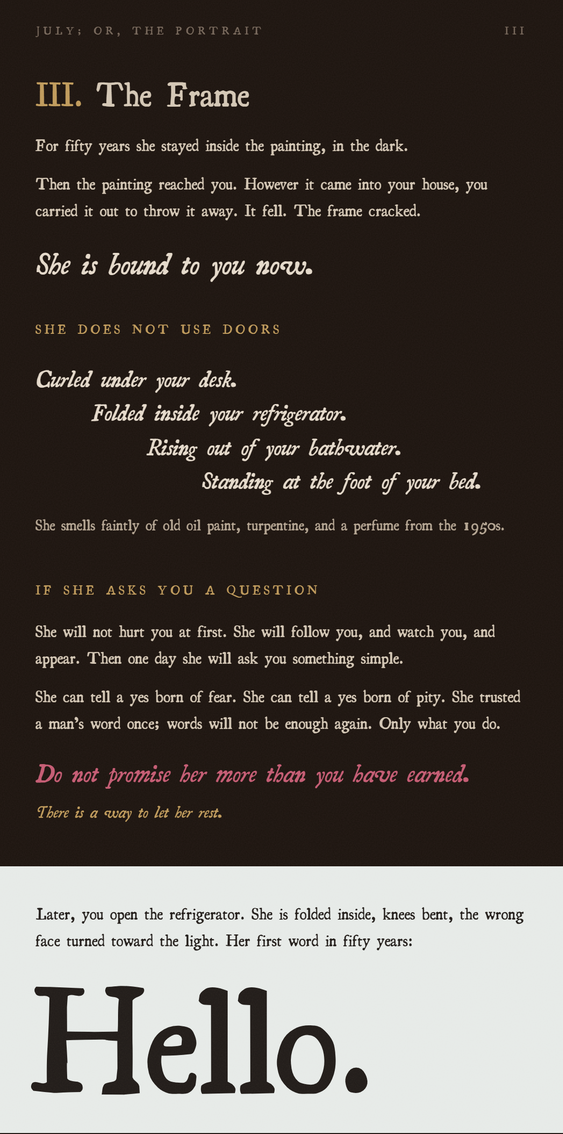 Chapter three: the broken frame, where she appears, the rules, and her first word