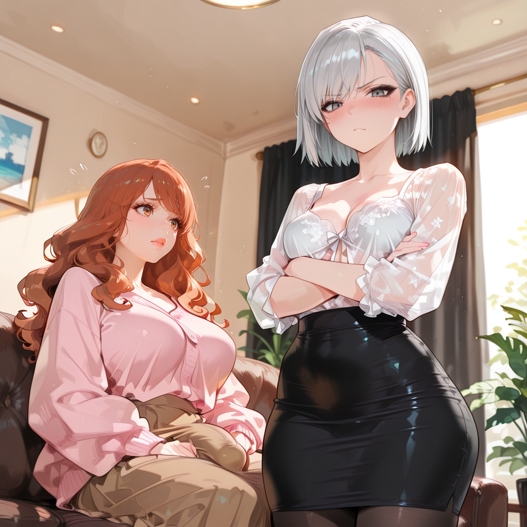Kurea is wearing a loose pink sweater and a long brown skirt. Yumiko is wearing a white silk blouse, a black pencil skirt, and black stockings