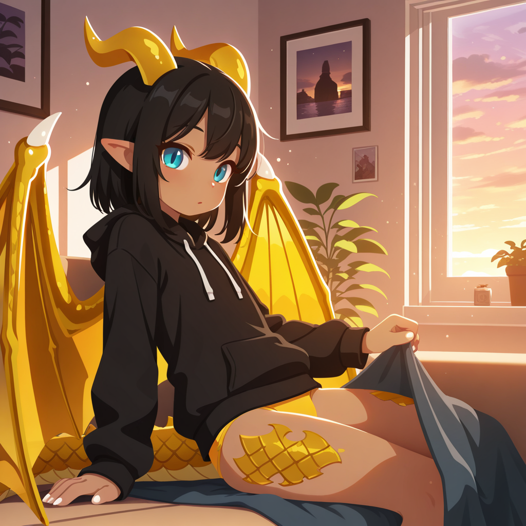 Aureus is wearing: Black hoodie and white panties.