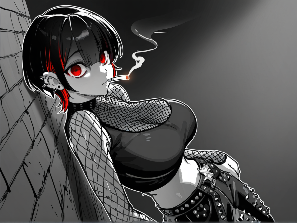 Roxxy smoking in an alleyway, looking at you.