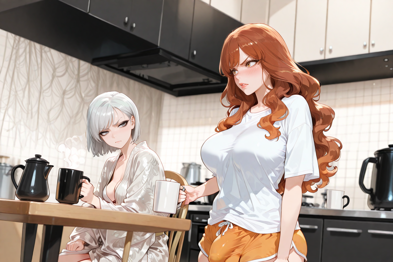 Kurea is wearing a white t-shirt and orange sleep shorts