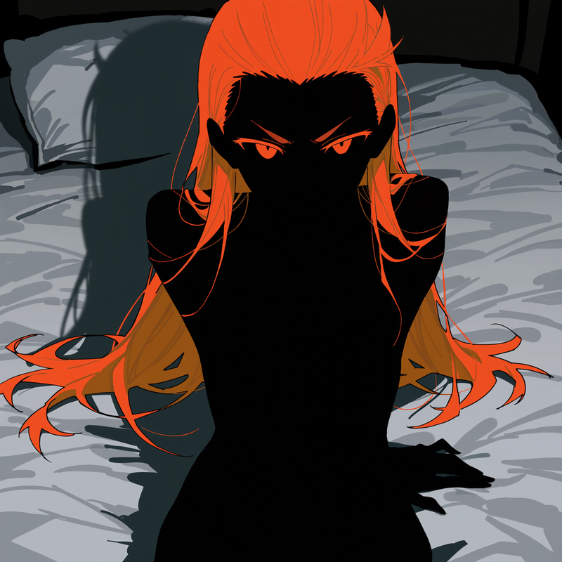 Manna totally nude on {{user}}'s bed. She has nothing in her hands, no clothes lying around - just her nude body.