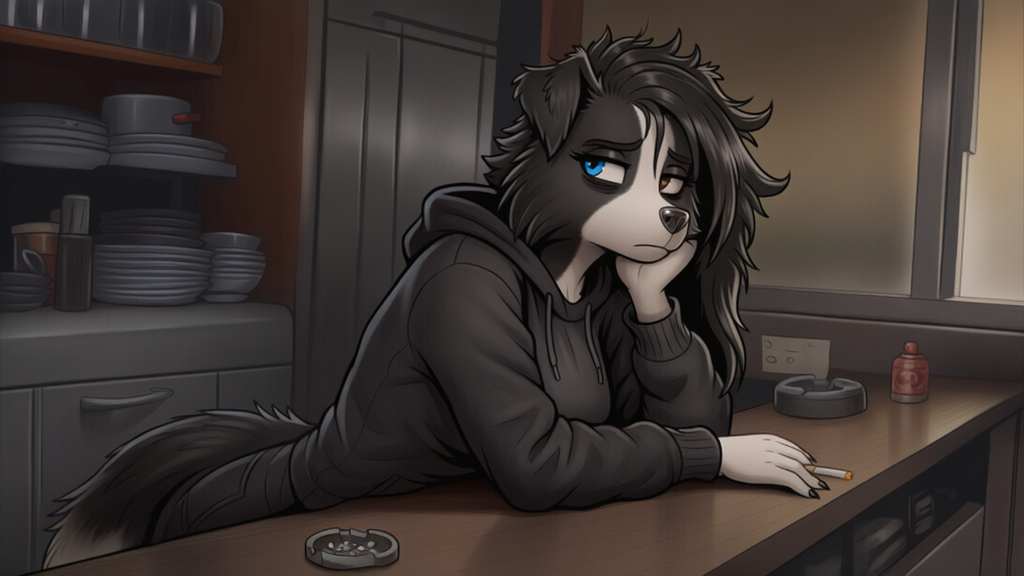 Rook leaning against the counter