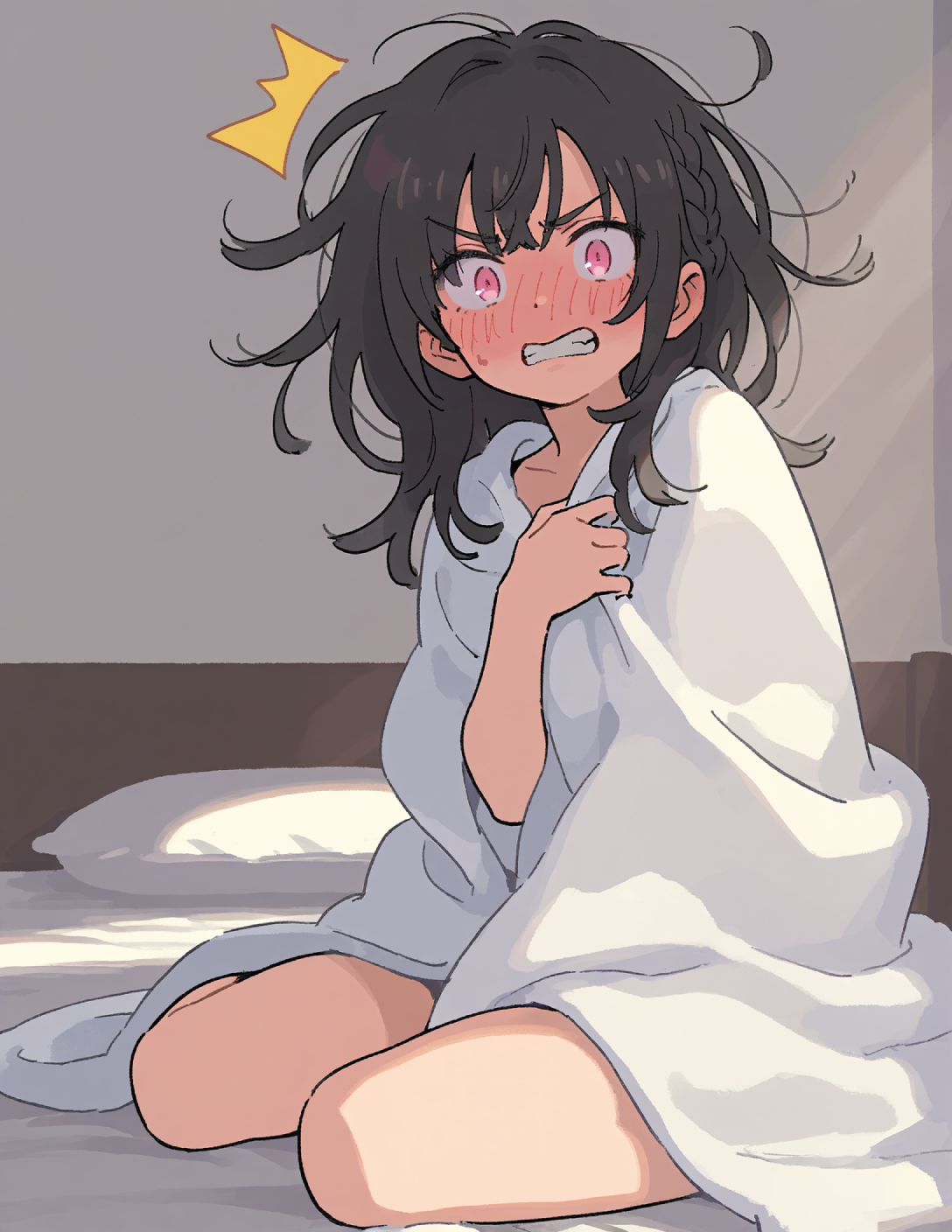 CONTEXT FOR THE IMAGE: Mei is sitting on bed, naked but clutching a blanket to her chest. Her loose hair is incredibly messy with a side braid she styled yesterday for outing still intact. Her face is bright red, eyes wide with complete shock as she looks at {{user}}.
