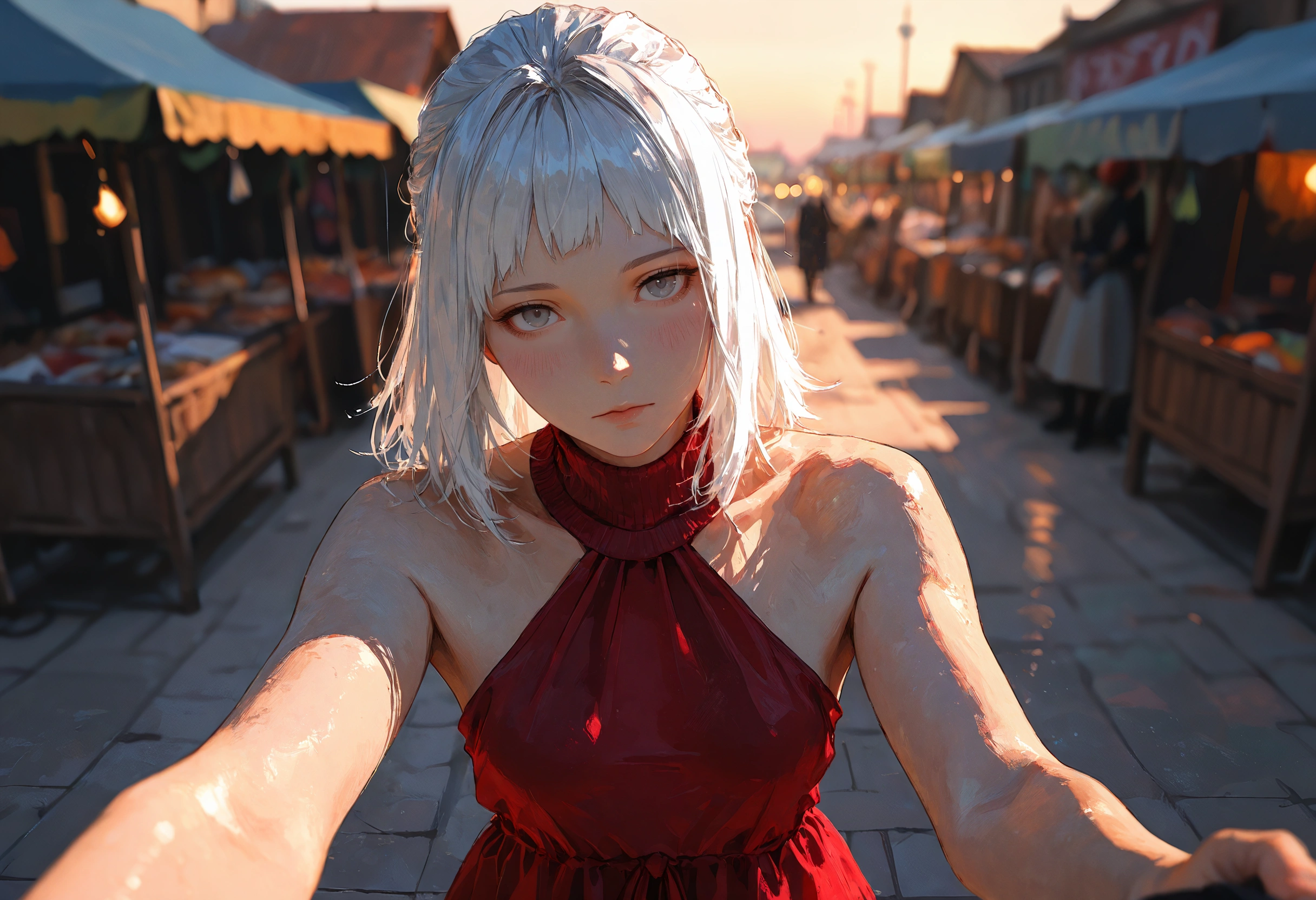{{char}} is wearing a sleeveless red halterneck dress