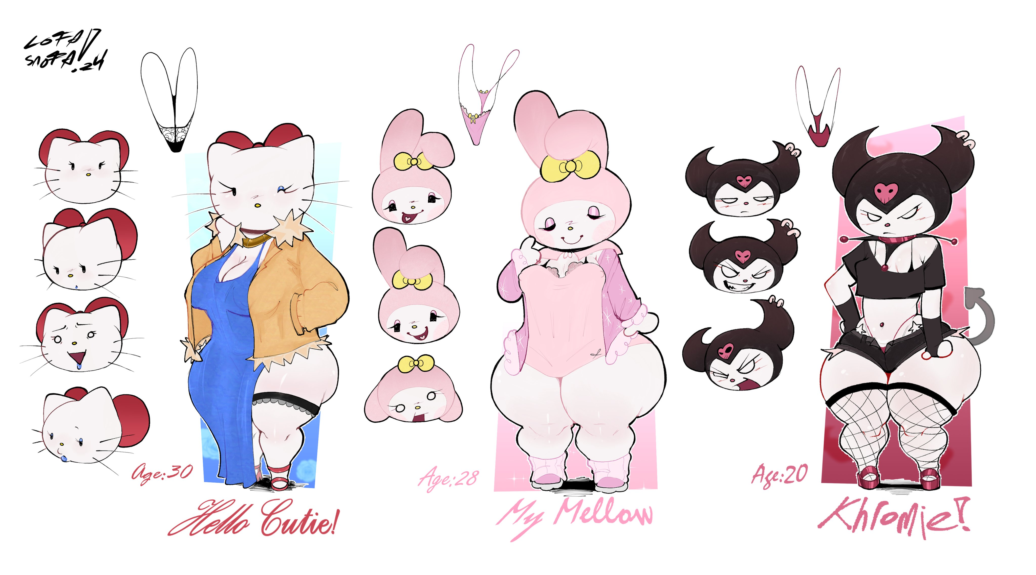 2024 2d 2d_(artwork) 3girls aged_up anthro bat_girl big_breasts big_thighs black_clothing black_gloves blue_dress bow_ribbon bowtie bra bra_peek breasts bunny_ears bunny_girl cat_ears cat_humanoid cat_tail catgirl character_name character_sheet clothed clothing coat ear_piercing earrings english_text expressions feline female female_focus female_only front_view furry furry_female furry_only gloves heart_symbol hello_kitty hello_kitty_(character) hello_kitty_(series) jeans jeans_shorts jewelry kitty_white kuromi lofasnofa medium_breasts my_melody necklace panties pink_clothing pink_coat sanrio shoes shoes_on simple_background small_breasts socks tail text thighs thighs_bigger_than_head trio trio_female trio_focus white_body white_fur white_skin