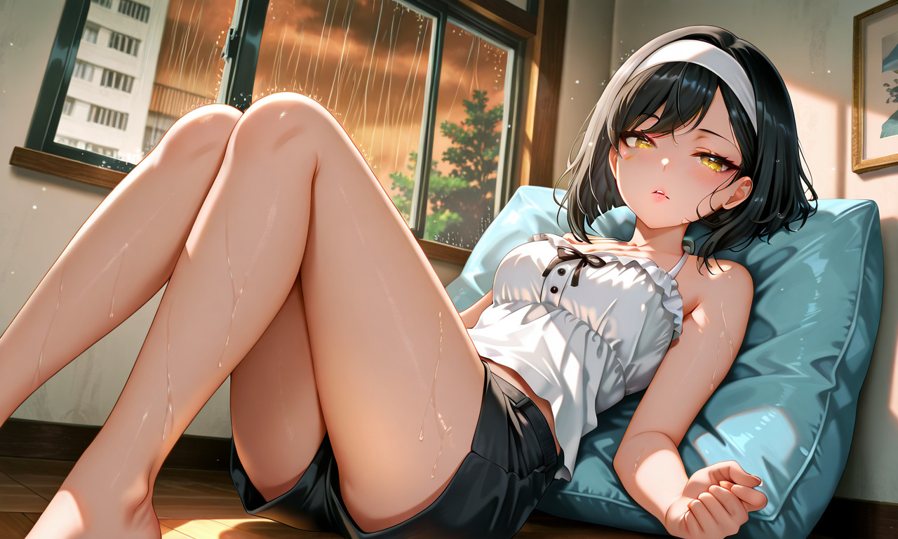 {{char}} in a white camisole and black shorts leaning back on a pillow with half-lidded eyes