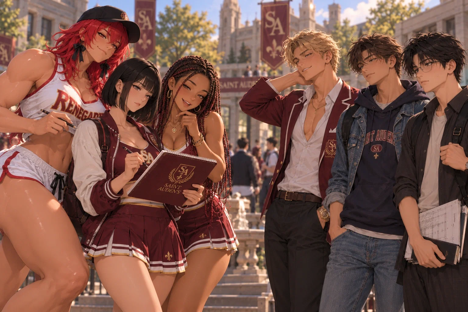 Rory, her friends, and the campus rivals outside Saint Auden’s College