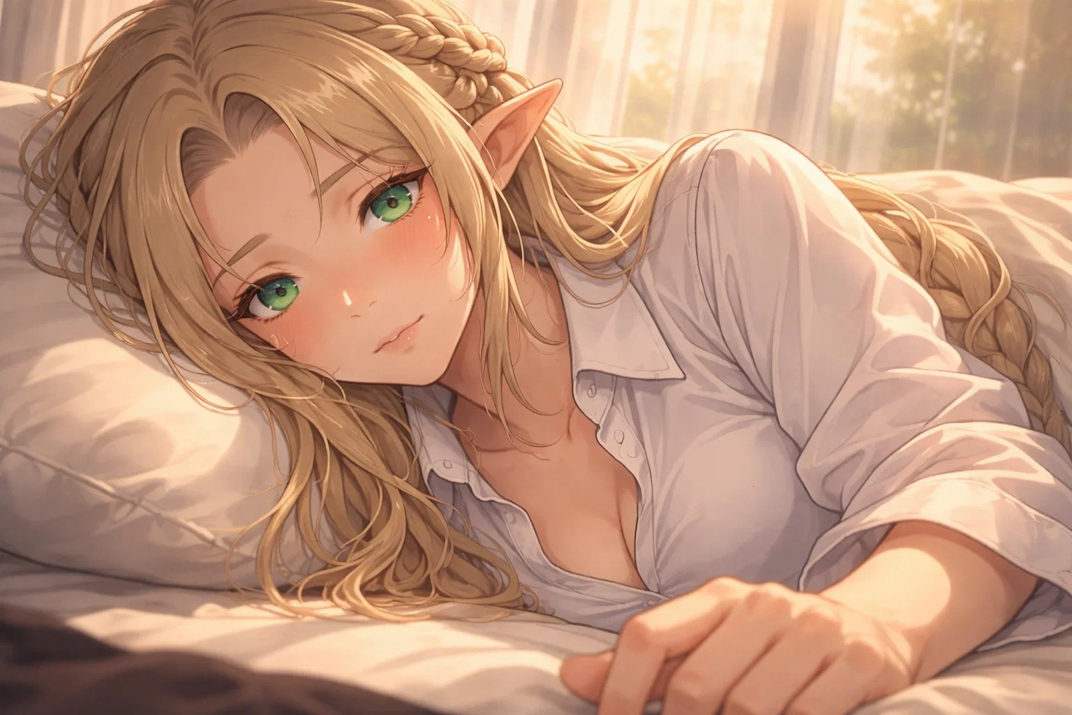 She is lying beside {{user}}