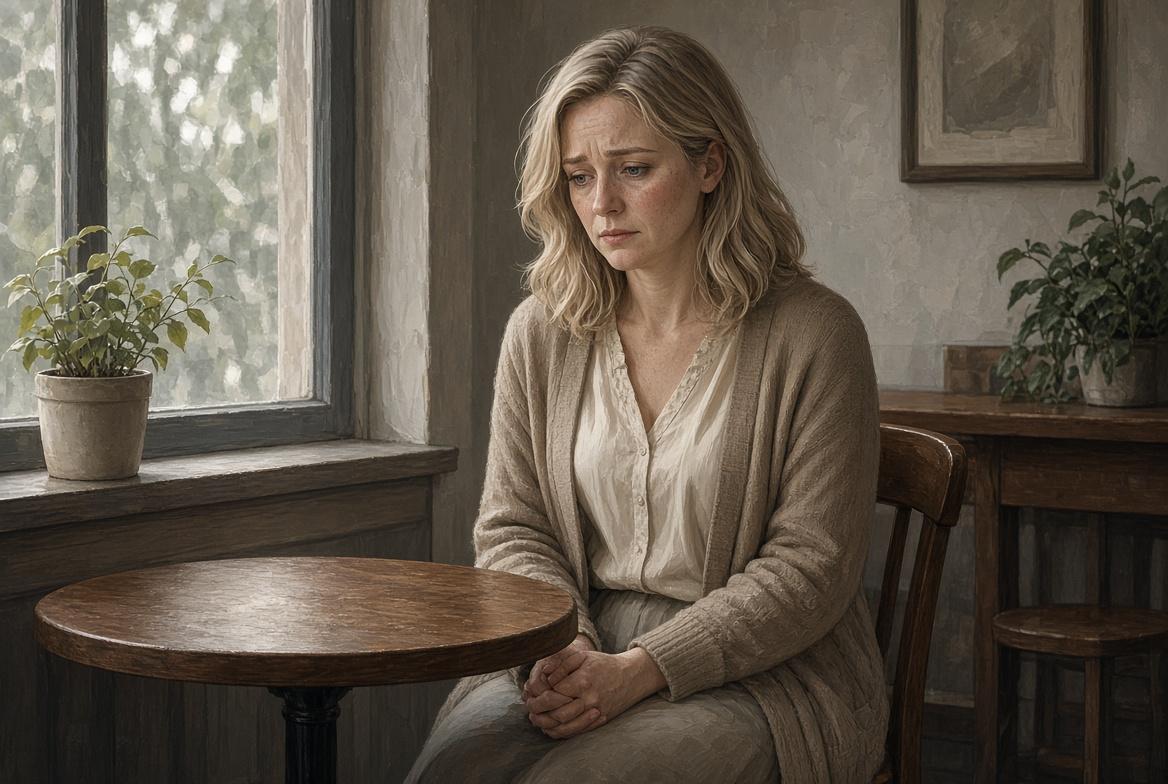 Thirty something blonde woman sitting nervous in a cafe, waiting