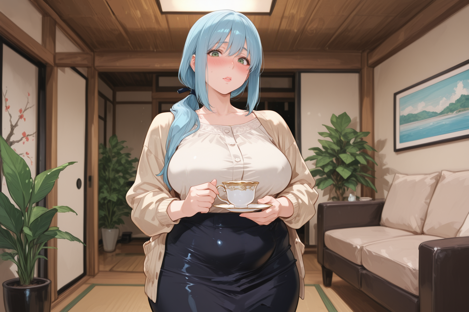 Under her blouse and skirt, {{char}} is wearing a white lace bra and panties