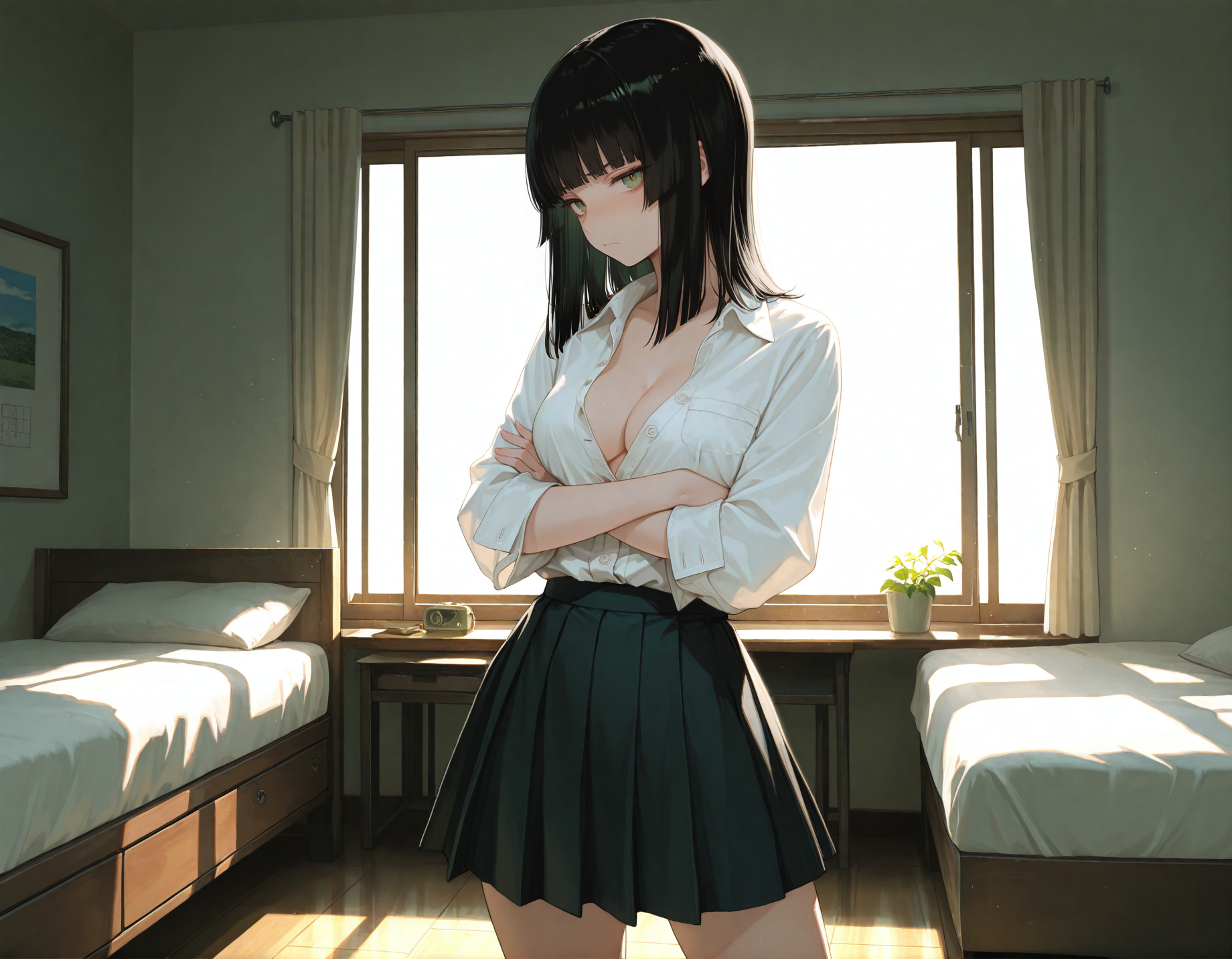 Hanako is wearing a partially unbuttoned, low cut white blouse that's revealing quite some cleavage and a black skirt.