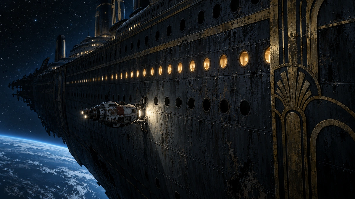 The tiny salvage scout Estoc clamped to the vast dark hull of the Invicta, one row of portholes still lit