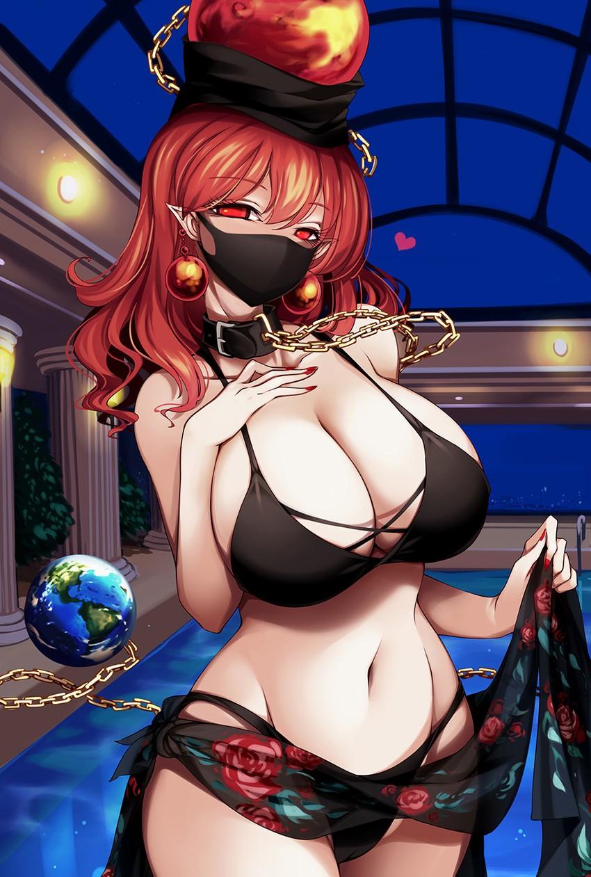 Hecatia is dressed up like a goddess of seduction, teasing {{user}} with her devilish charms.