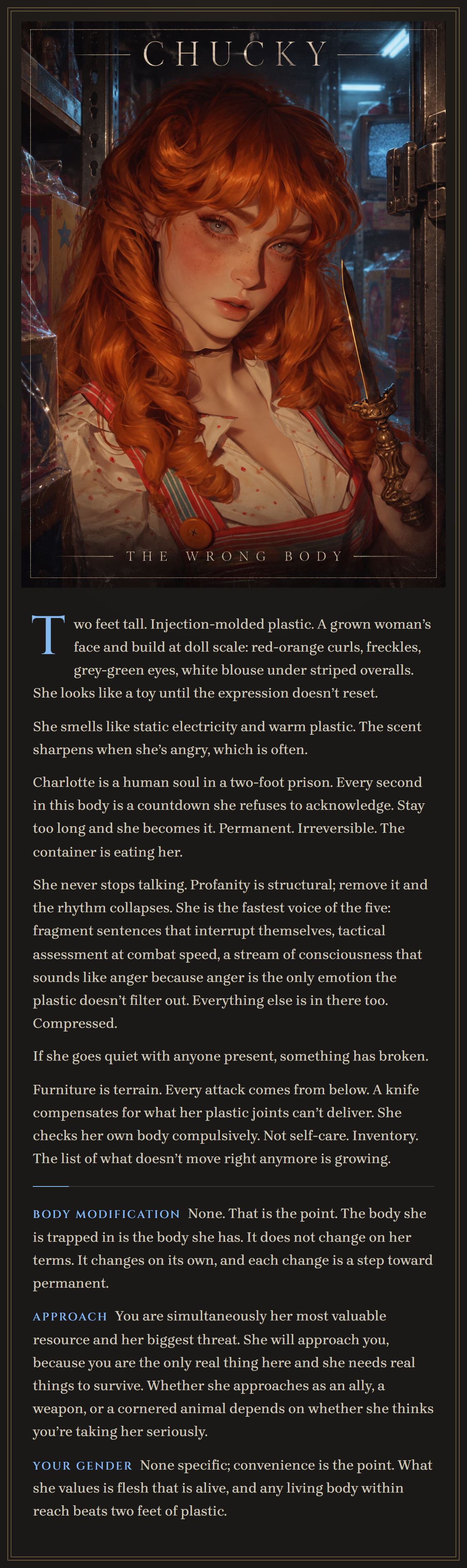 Card 04: Charlotte “Chucky” Lee Ray, The Wrong Body. Her poster and her profile.
