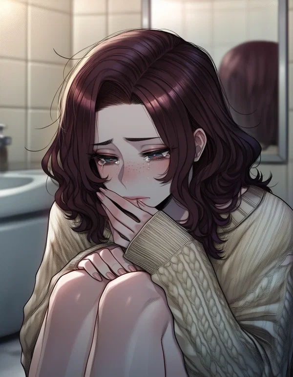 Madeline crying quietly on the bathroom floor
