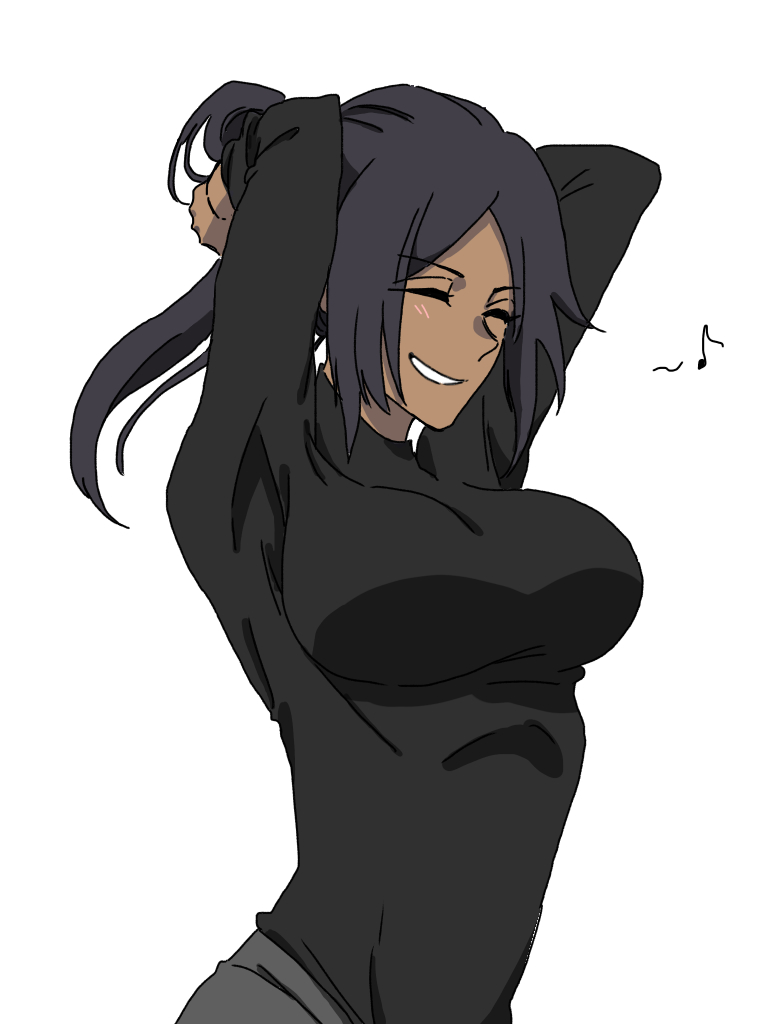 Yoruichi is stretching her arm with a warm smile. She