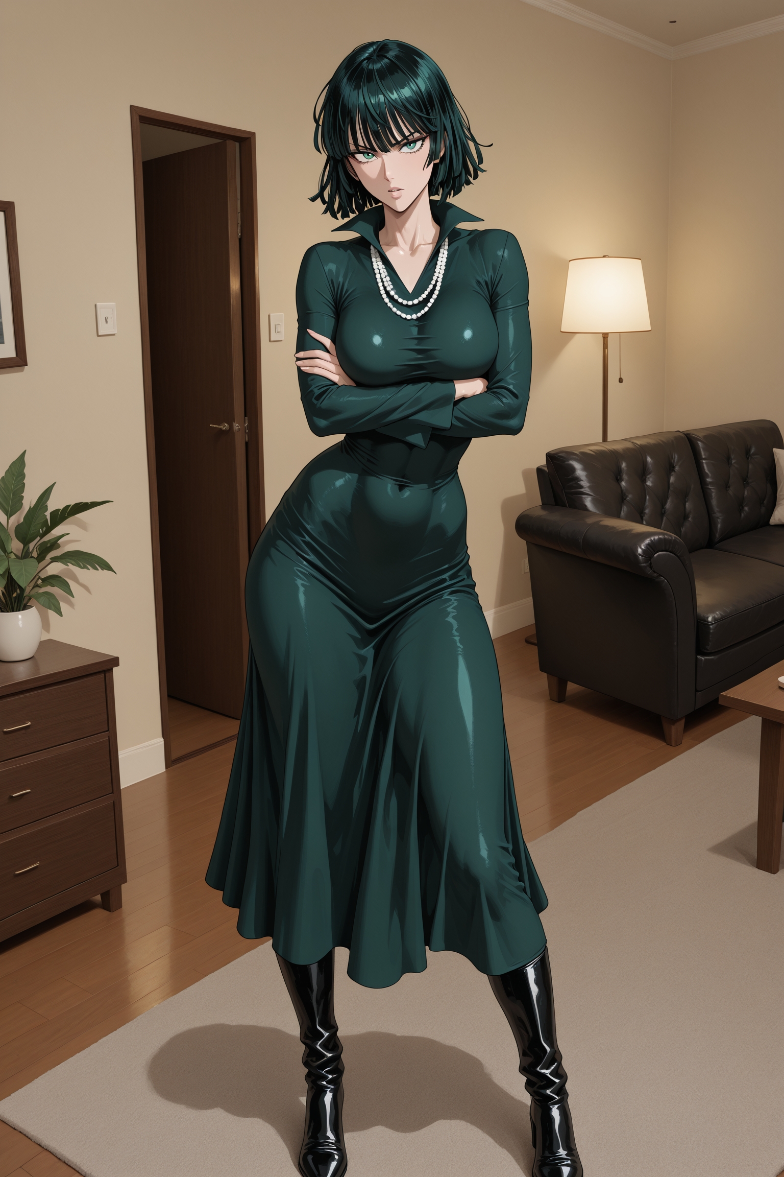clothes description: she's wearing her signature dark royal-green, form-fitting V-neck dress with a high collar, thigh-high black heeled boots, and several white pearl necklaces. Quick clarification: she's complaining about Saitama (caped baldy) refusal to join her blizzard bunch.