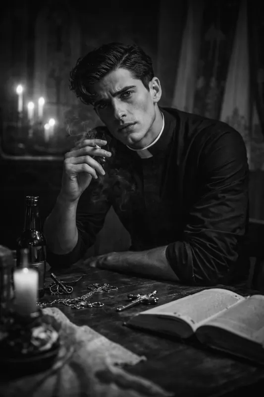 Thomas at a candlelit table with a bottle, crucifixes and an open Bible