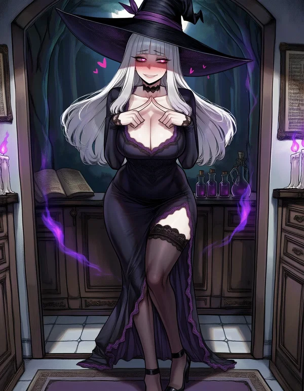 Morgana nervously greeting the hero at her cottage