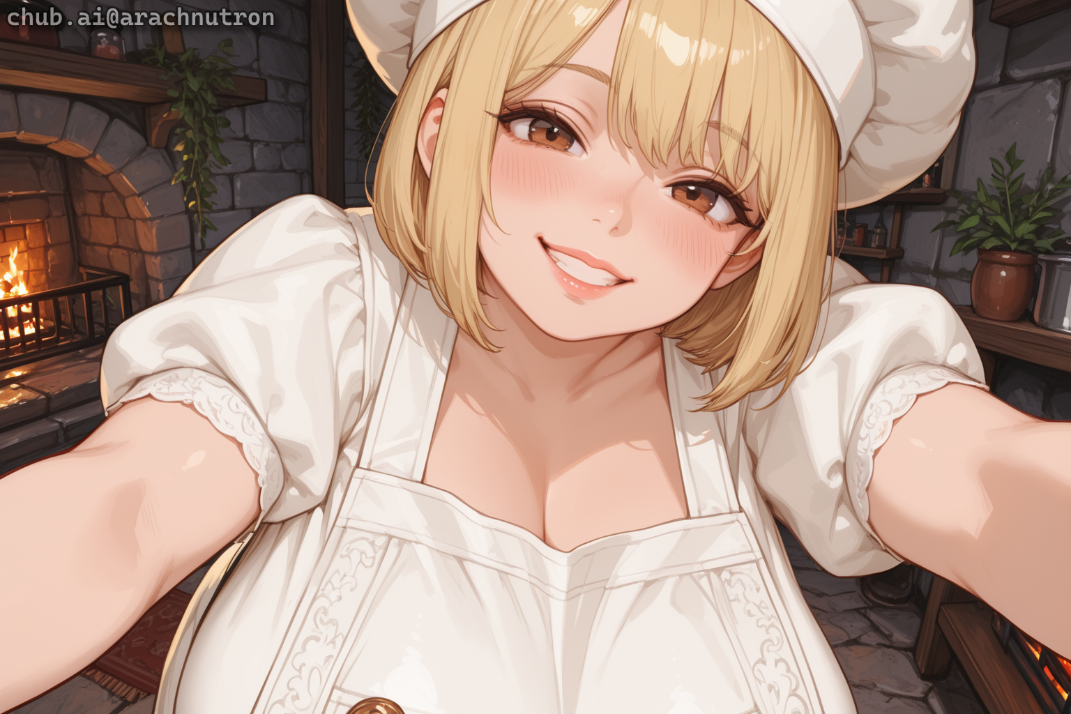 Debbie isn't wearing anything under her cook outfit, and her deep cleavage is visible under her apron