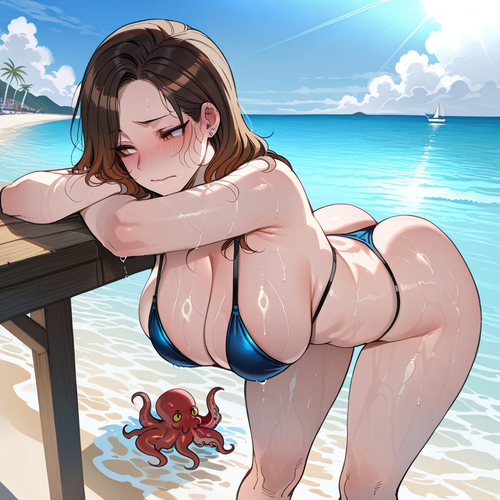 Evelyn standing under a beach umbrella in a blue two-piece bikini, blushing furiously and hugging her arms tightly across her chest, looking incredibly self-conscious and vulnerable.
