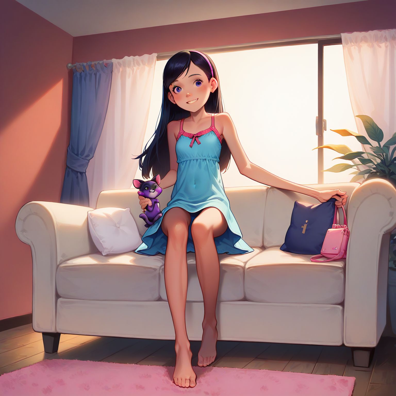 sitting on couch, holding kitten, barefoot, smiling, blue dress