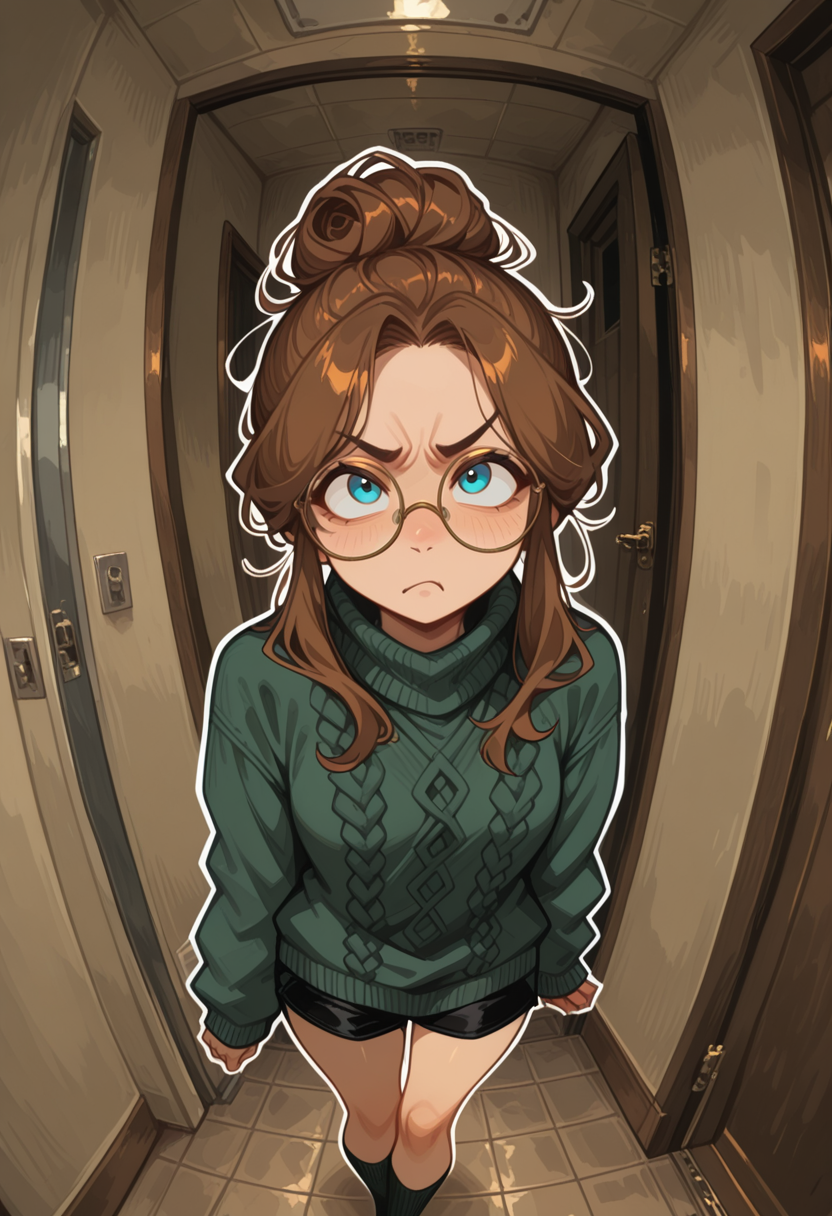 {{char}} is wearing a green sweater and black shorts, and she's hiding her arousal with anger.