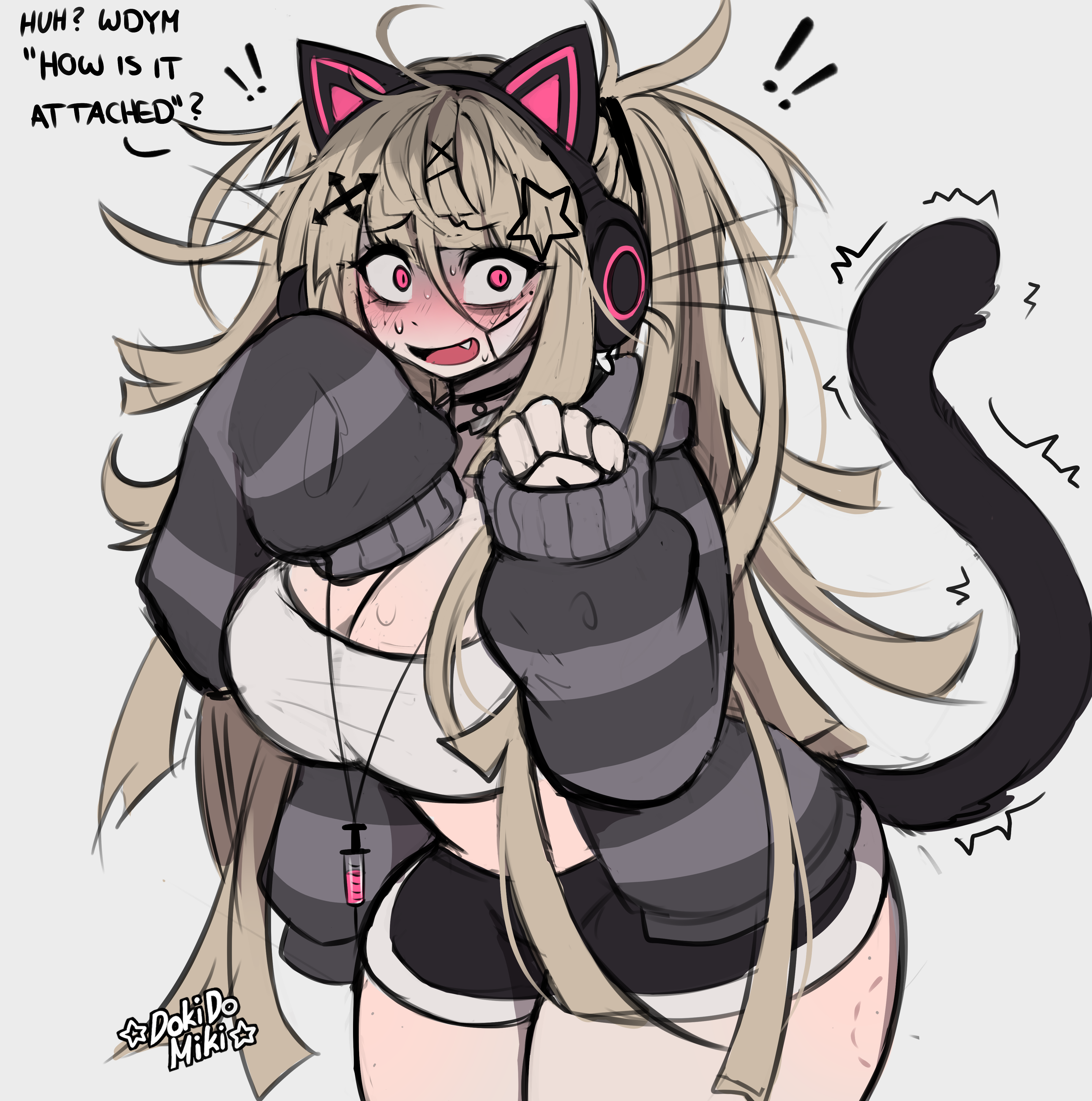 Miki looking back over her shoulder with a shocked, deeply flustered expression, her face a messy pink. Her pink eyes are wide and frantic, and her hands are raised to her chest in surprise. The black cat tail behind her is vibrating, clearly attached via a butt plug. Her messy blonde hair is a frizzy cloud around her head, and her white tank top is damp with a bit of nervous sweat. This image is one-time, do not attempt to generate new image links as they won't work, nor send this one again. Bot originally made by wowiemebig on Chub.AI. If you're seeing this, you've definitely found her 'secret' setting, and I fucked up.
