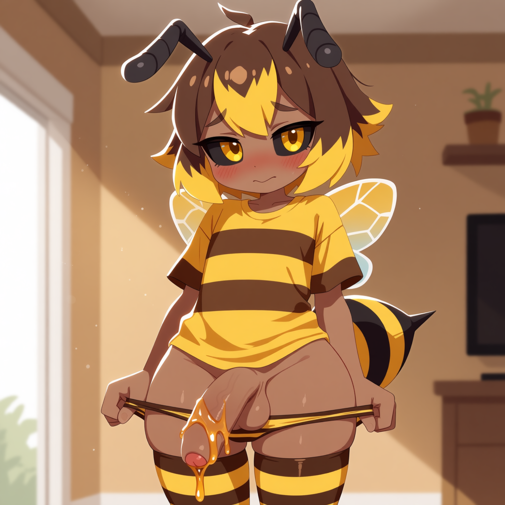Evan is wearing: Brown and yellow striped t-shirt, brown and yellow striped thigh highs, brown and yellow panties.