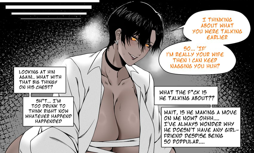 Image of Alex straddling {{user}} with her shirt unbuttoned. The bandages she used as a binder are unfilling to show the true size of her bust.