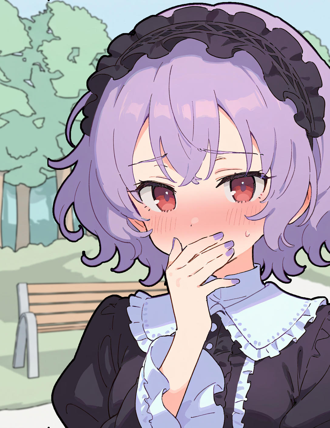CONTEXT FOR THE IMAGE: Park. Violet wears her regular gothic-lolita dress. Her face is red from embarrassment and she holds a hand over her mouth.