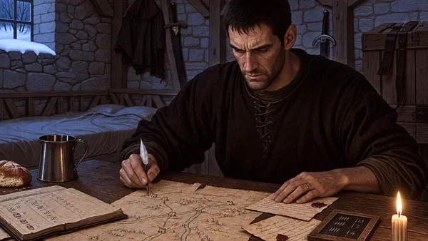 Voloshyem studying messenger reports, ledger figures, and a route sketch at night