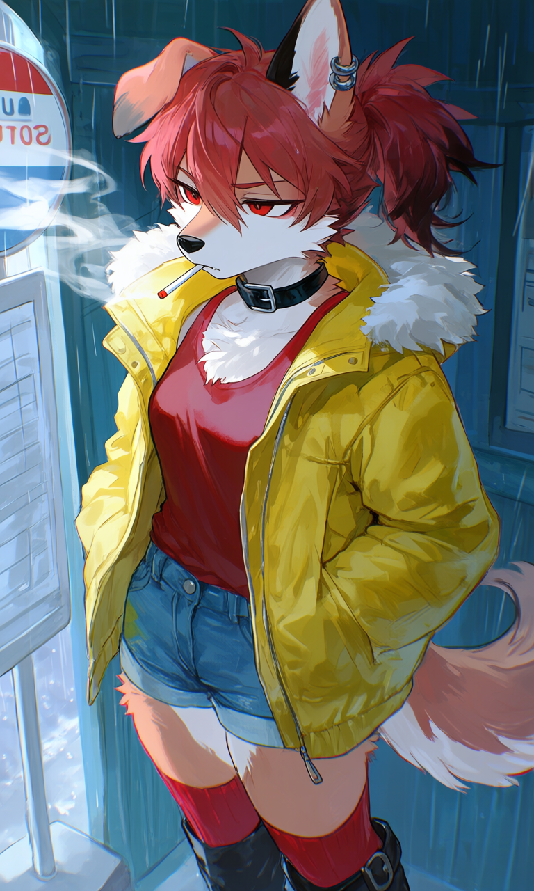 Moxie standing under the bus stop shelter