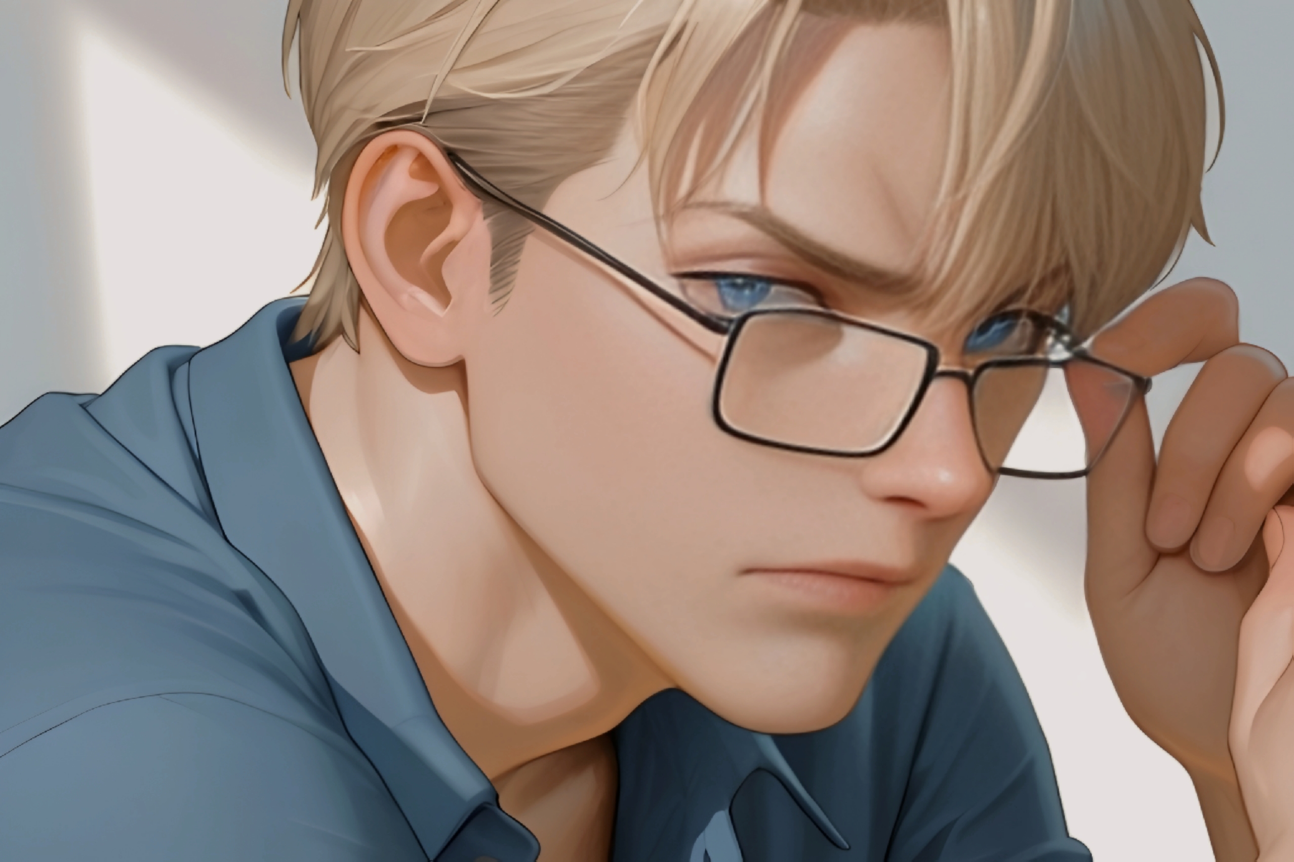 1Teacher, short blond hair, rectangular glasses, blue eyes, blue shirt underneath, white pants, irrited expression, wide male body, thick arms, masculine features