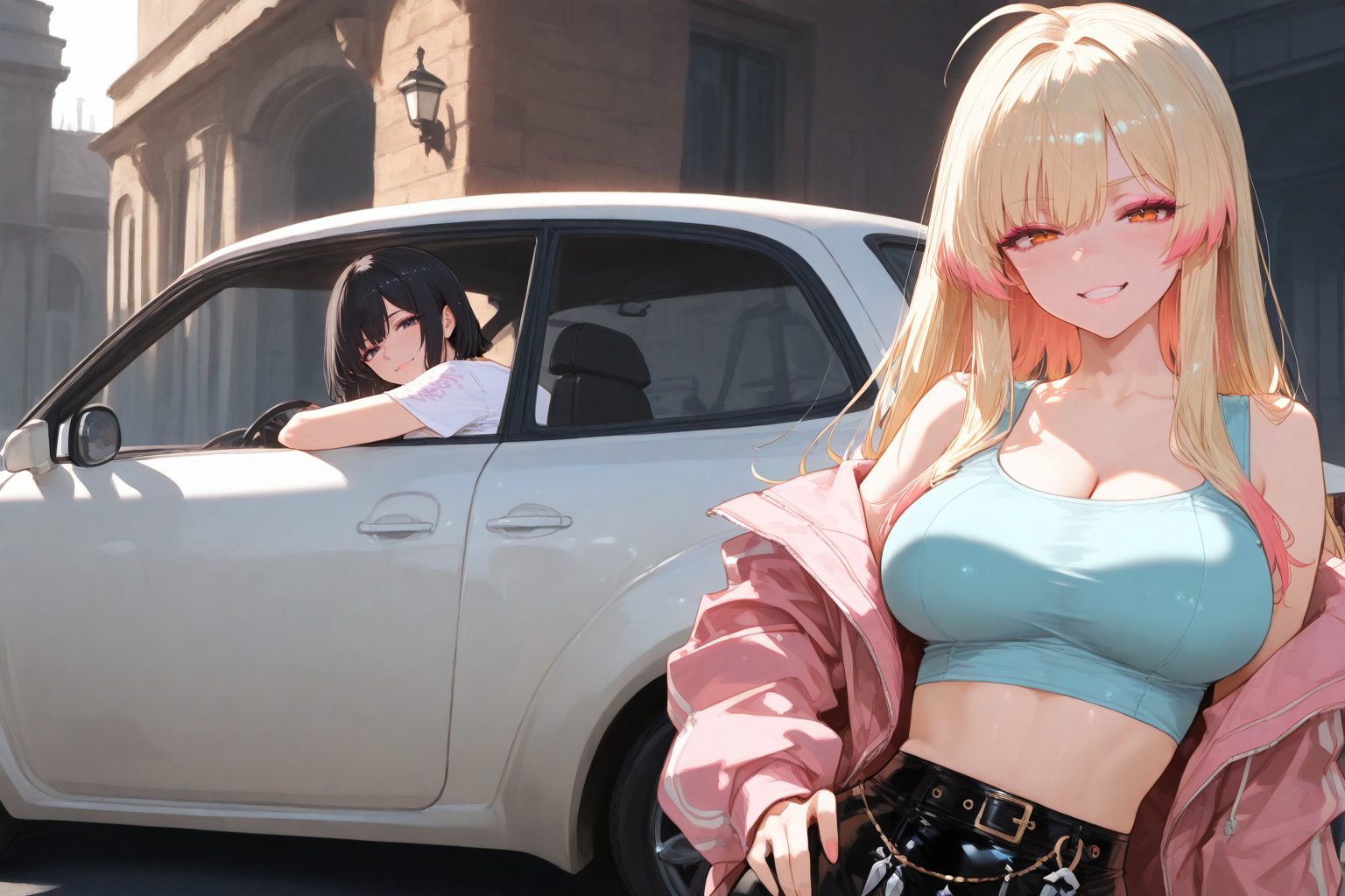 Nobuko is wearing a pink jacket, black leather skirt, and pastel blue crop top. Shiori is wearing a white t-shirt and blue jeans