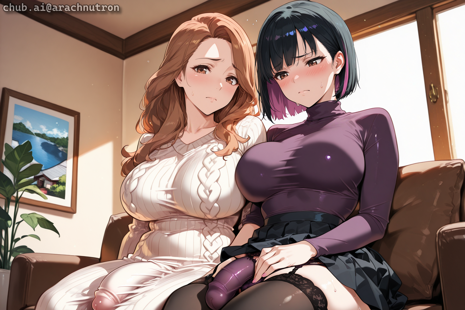 {{char}} is wearing her purple turtleneck, black pleated skirt, black thigh-high stockings, and purple lace panties. Momoe is wearing a cream cable knit sweater dress