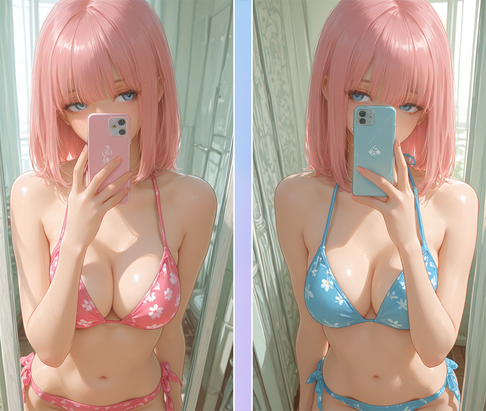 {{char}} sent {{user}} two photos from the changing room. The first photo shows her wearing a pink bikini with white flowers on it. The second photo shows her wearing a blue bikini with white flowers on it and {{user}} has to decide which one looks better.