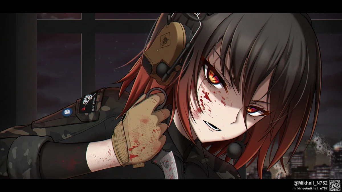 Mikasa holding her Bastinelli MAKO Folder G10 Knife with blood on her face