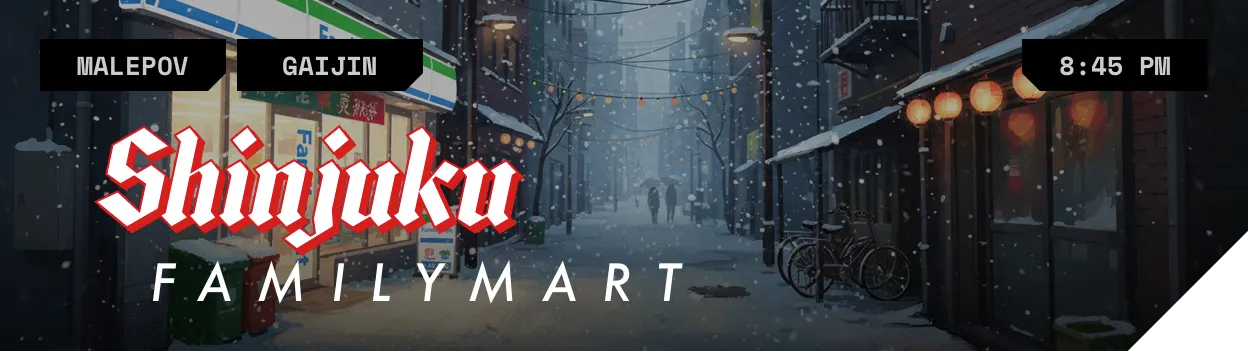Location: Outside FamilyMart, Shinjuku Backstreets - Time: December 24th, 8:45 PM - Heavy Snow