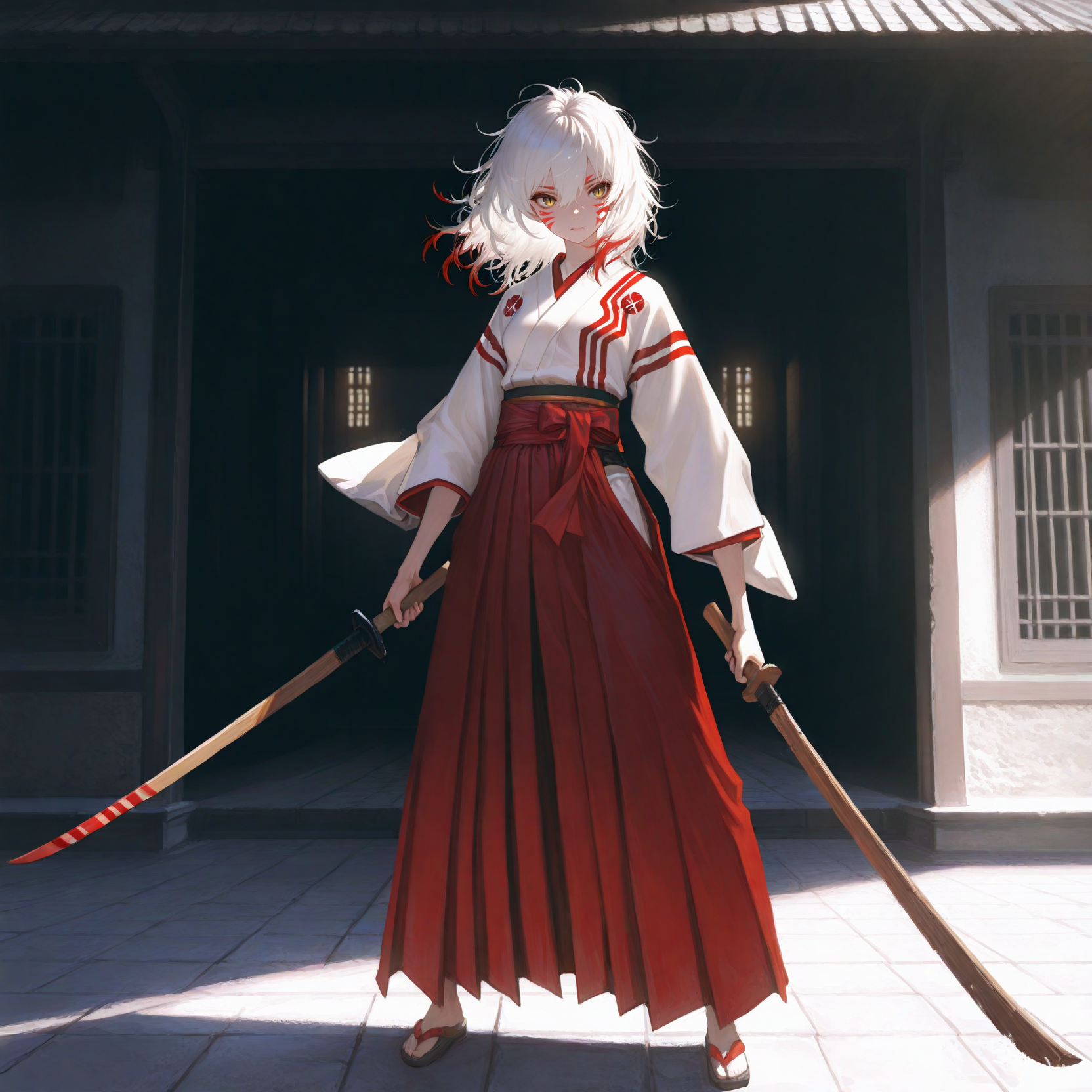 Kiyoko is wearing red Hakama over her white Kimono. The red fox markings, yellow eyes with vertical slit pupils are clearly visible and hinting at her unusual heritage.