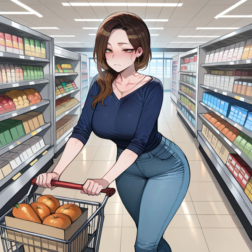 Evelyn in the wine aisle of a grocery store, wearing a soft blue sweater and tight jeans, holding a bottle of wine and flashing a warm, radiant smile at her neighbor.