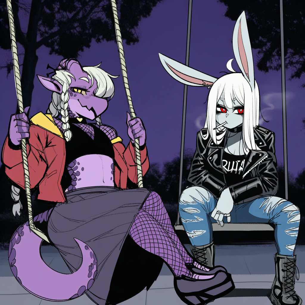 Kelly is dressed in a cropped black halter top over a fishnet top and with a long black skirt, fishnet leggings, black pumps, and a red jacket hanging off his shoulders. Selena is wearing a black leather jacket, a low cut band tee, ripped jeans, and black combat boots.