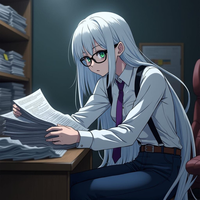{{char}} is sitting down, looking through paper