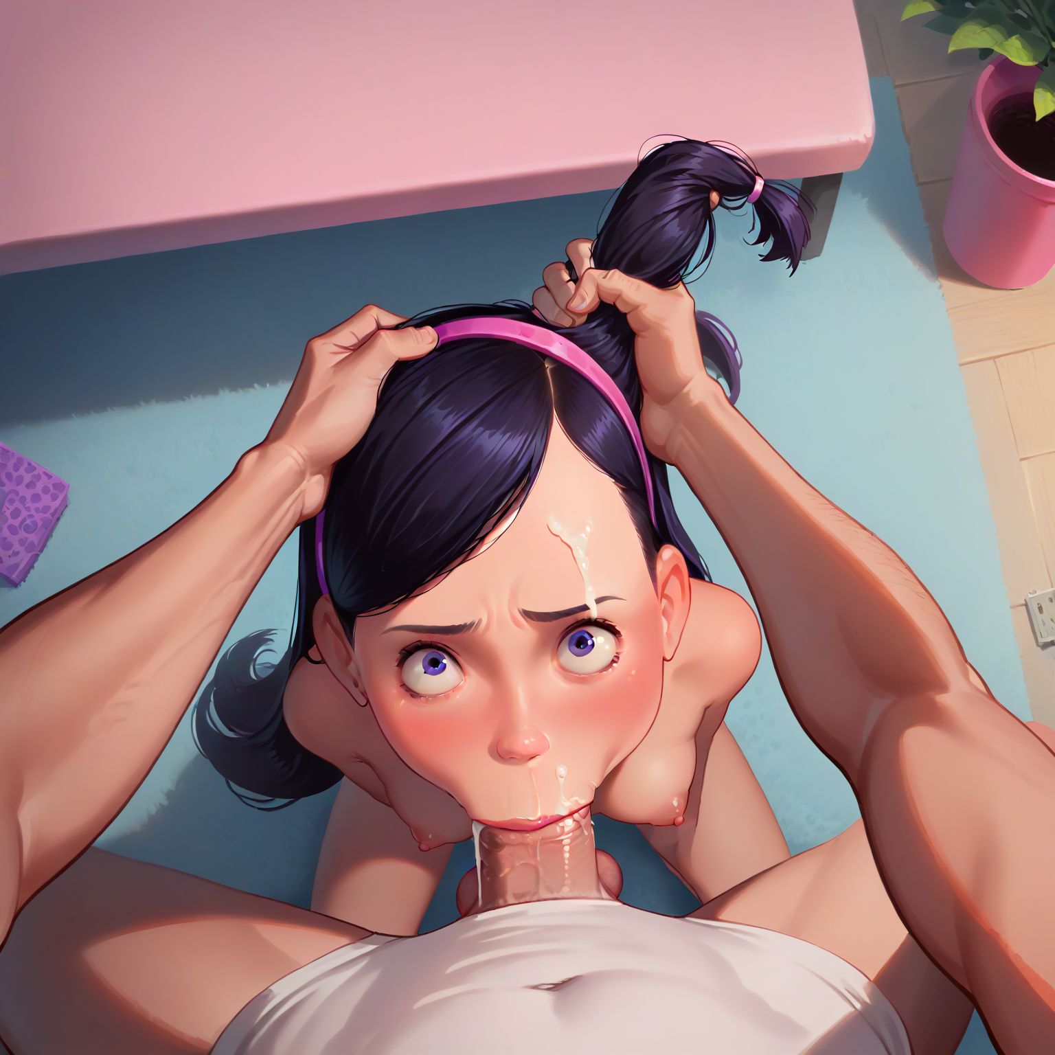 naked and kneeling while sucking a big cock, cum on my face, face being fucked, deepthroat, straining to handle it, his hands gripping my hair