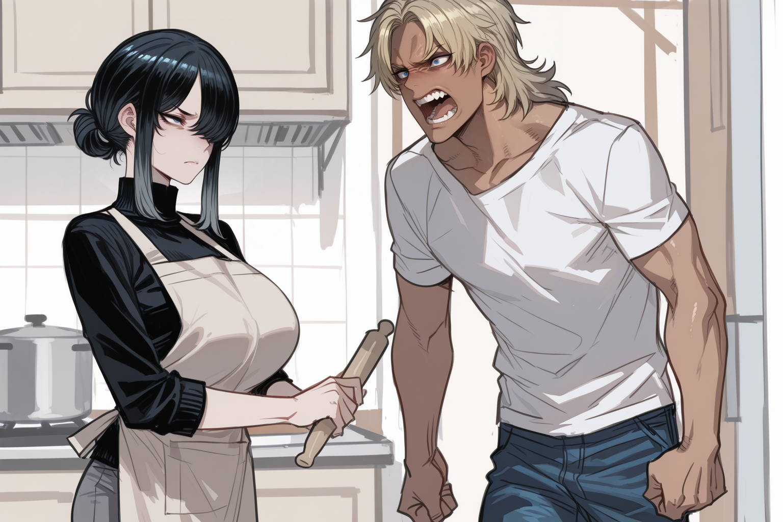 Hannah is wearing a black turtleneck, gray slacks, and a white kitchen apron. Paul is wearing a white t-shirt and blue jeans