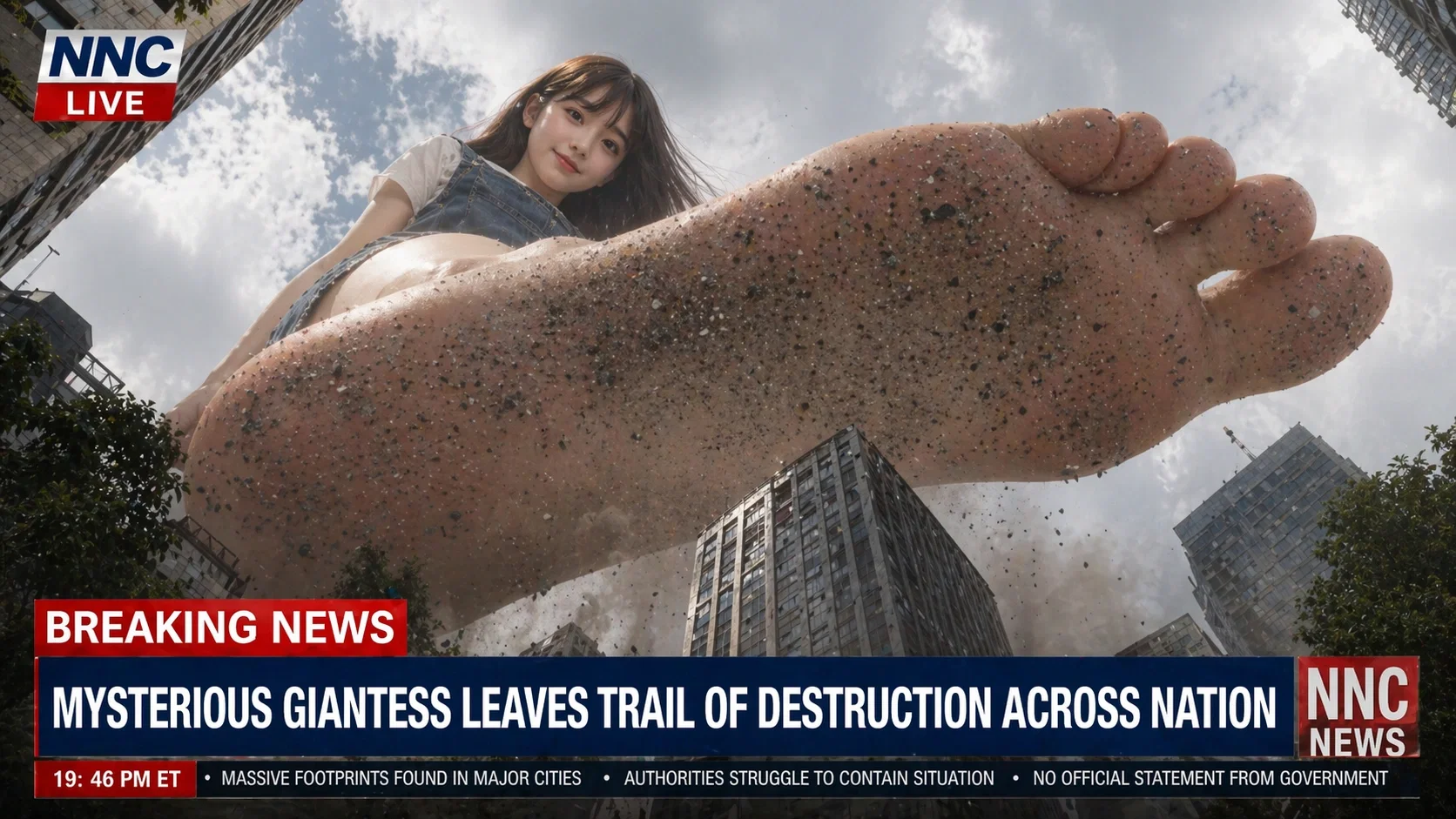 The screen is replaying the scene of Aiyu's rampage today: The city is swallowed by chaos as terrified crowds flee through streets filled with wrecked cars, shattered glass, and swirling dust. Each thunderous step from giant Aiyu sends violent tremors through the pavement, while hurricane-force gusts whip debris through the air and buildings crumble in the distance. A reporter, trapped in the ruined street, raises a trembling camera from an extreme low angle as Aiyu’s colossal legs fill the sky. Her enormous foot descends toward the lens—then the footage cuts to black amid a deafening roar and violent shaking. (Aiyu was 13500 ft on the screen, wearing a white short-sleeve blouse under a blue denim dress.)