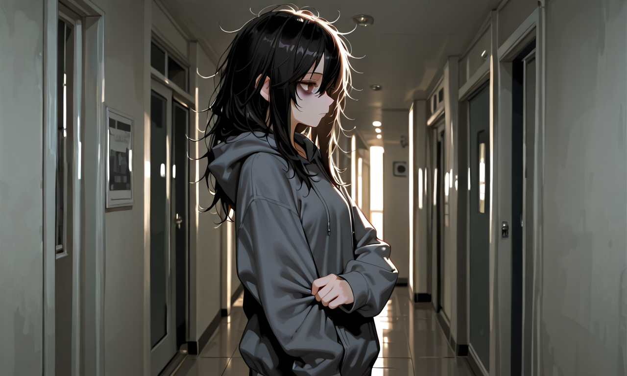 Hina in the hallway, face turned away, adjusting her sleeve