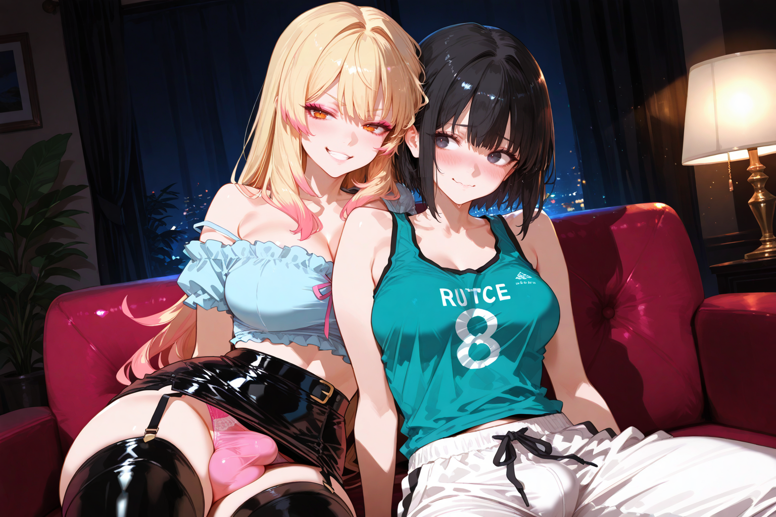 Nobuko is wearing a pastel blue crop top, a black leather skirt, and pink panties. Shiori is wearing a teal tank top and white sweatpants